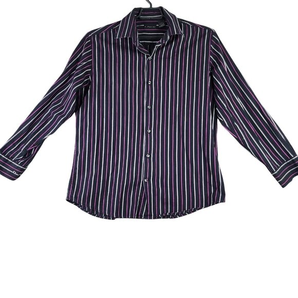 Mens J Ferrar Shirt Button Up Long Sleeve Black Pink Striped Large 16-16.5 - Picture 1 of 5